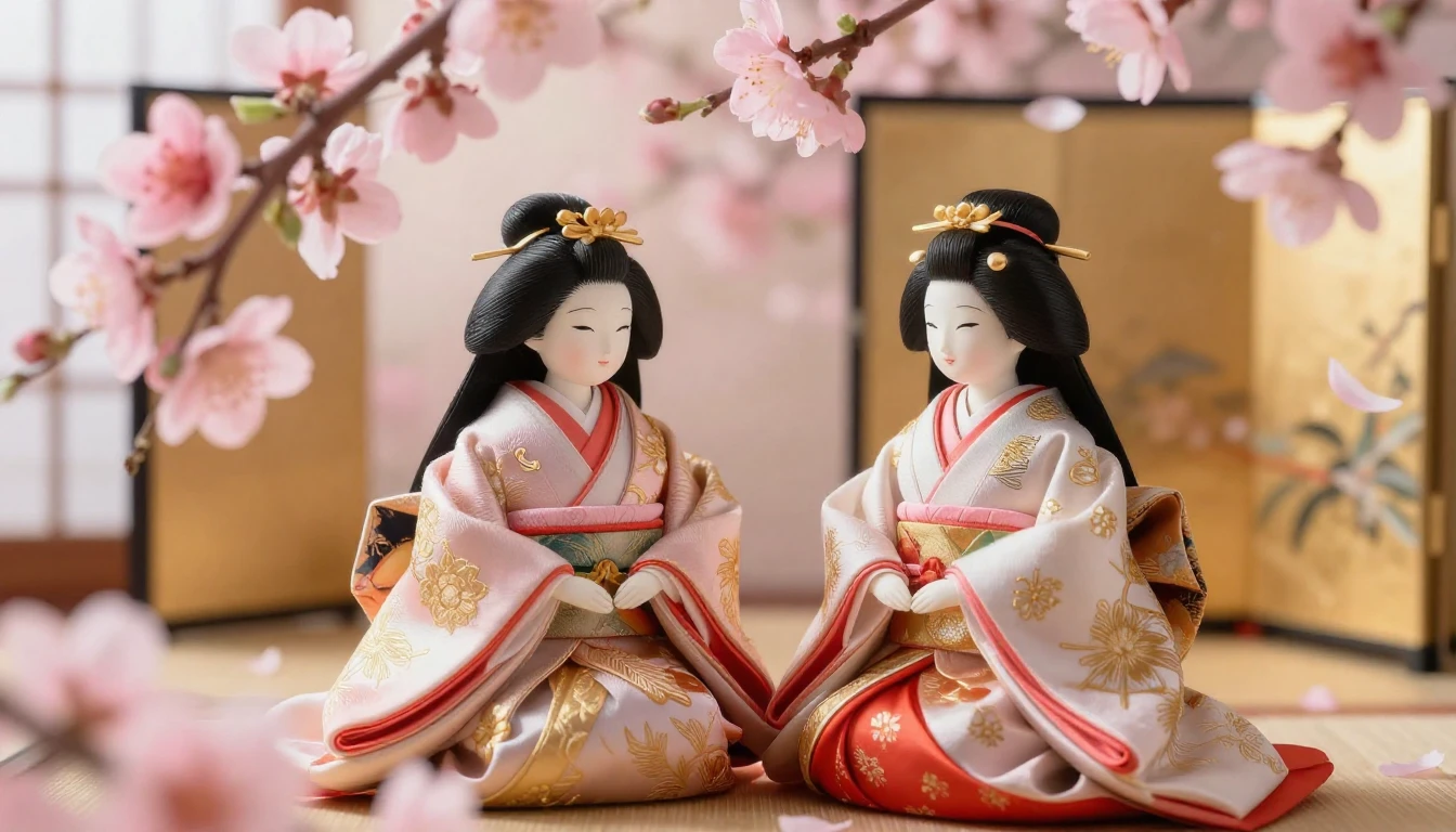 A pair of traditional Japanese Hina dolls, the Emperor and E...