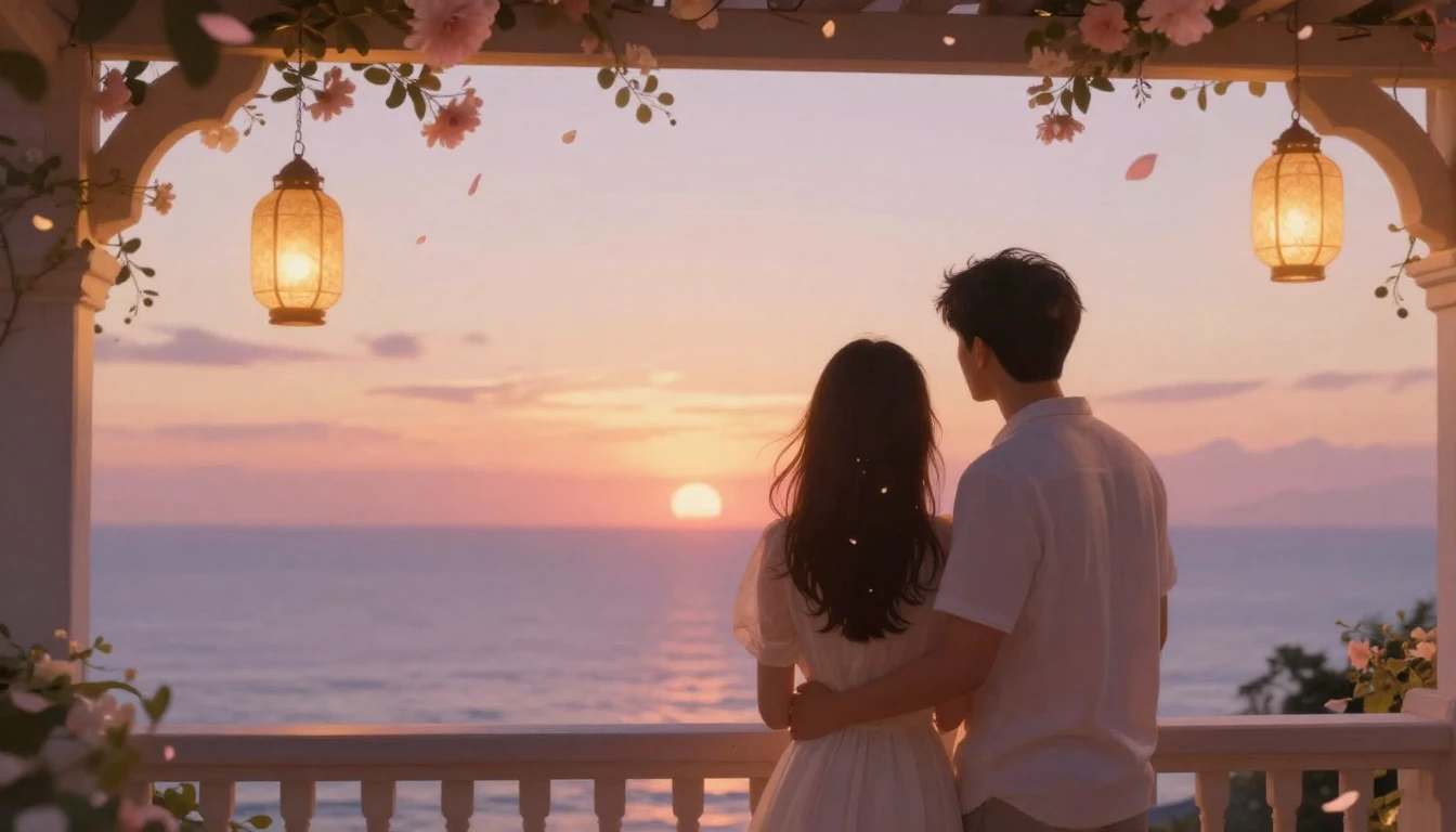 A romantic and dreamlike scene of a couple standing together...