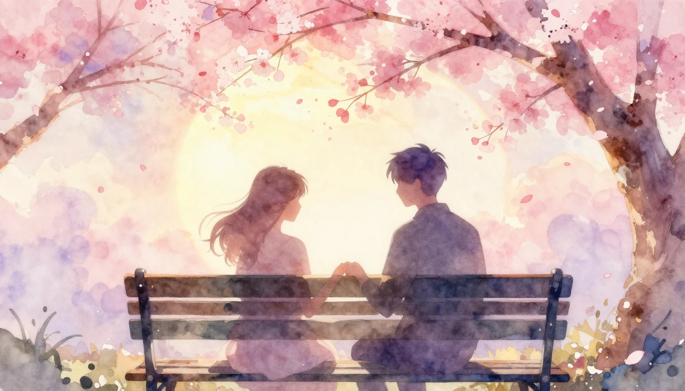 A soft and dreamy watercolor illustration depicting two silh...