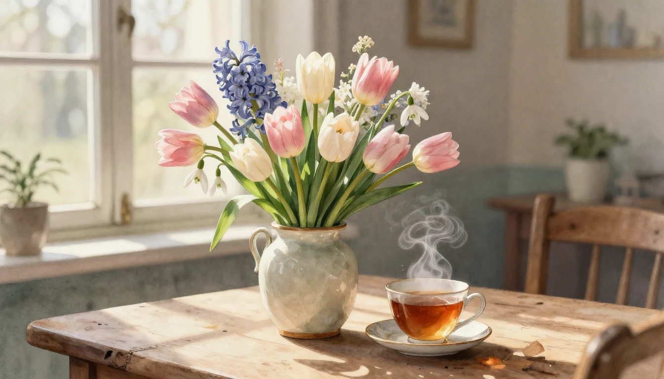 A soft, emotional watercolor painting depicting a lush bouqu...