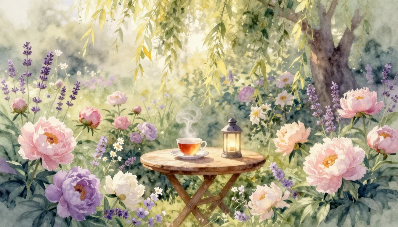 A dreamy and ethereal watercolor painting of a lush, sun-dre...