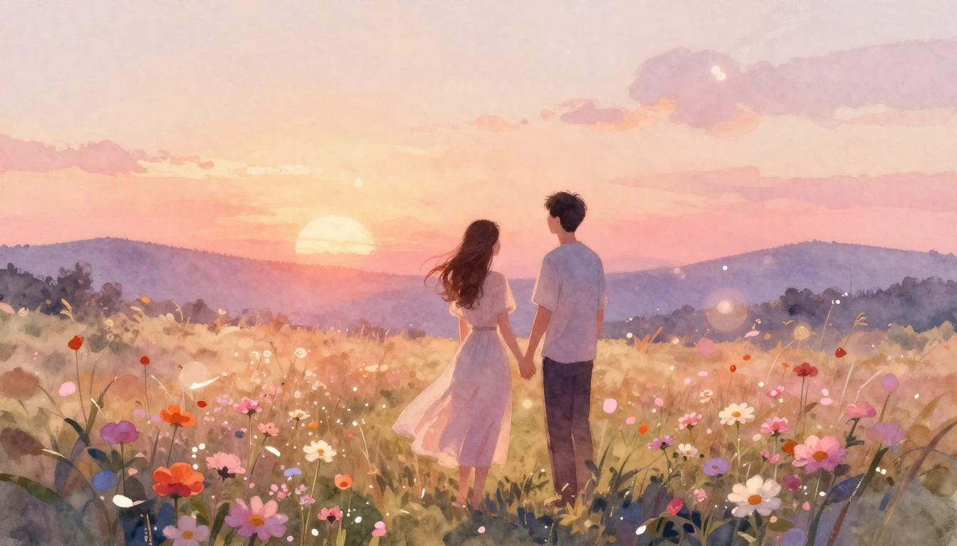 A romantic watercolor painting of a couple standing on a flo...