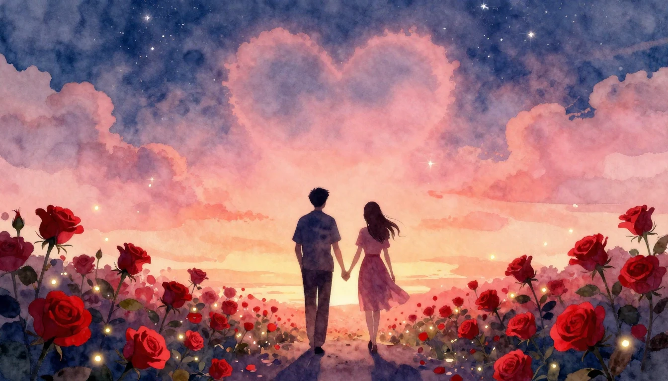 A soft and romantic watercolor painting depicting two silhou...