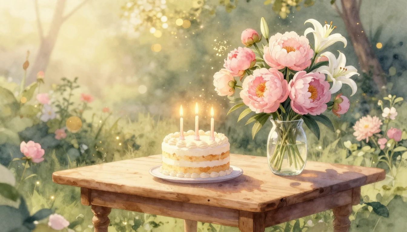 A dreamy and cozy birthday atmosphere in a soft watercolor s...
