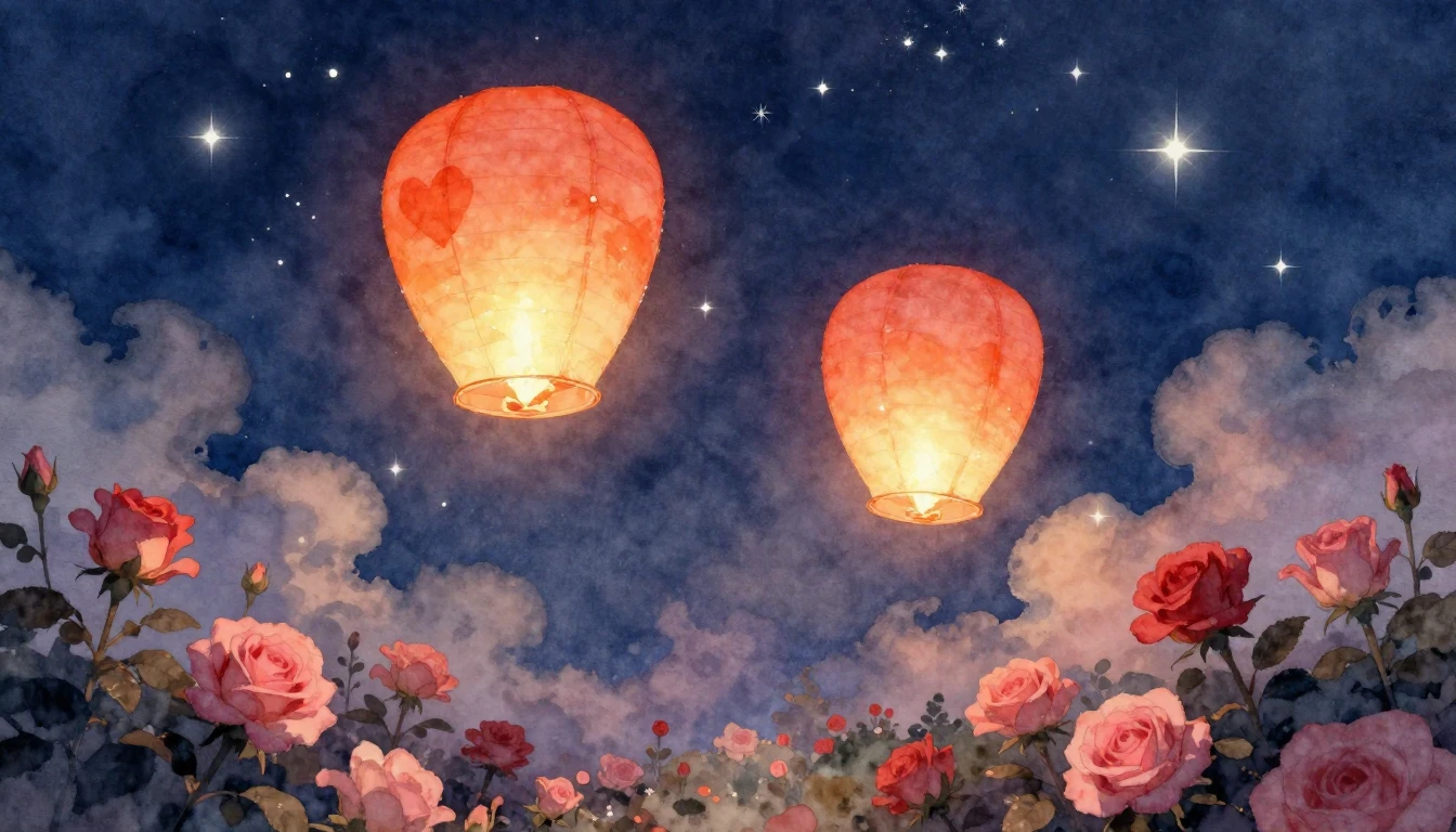 A soft and romantic watercolor painting depicting two glowin...