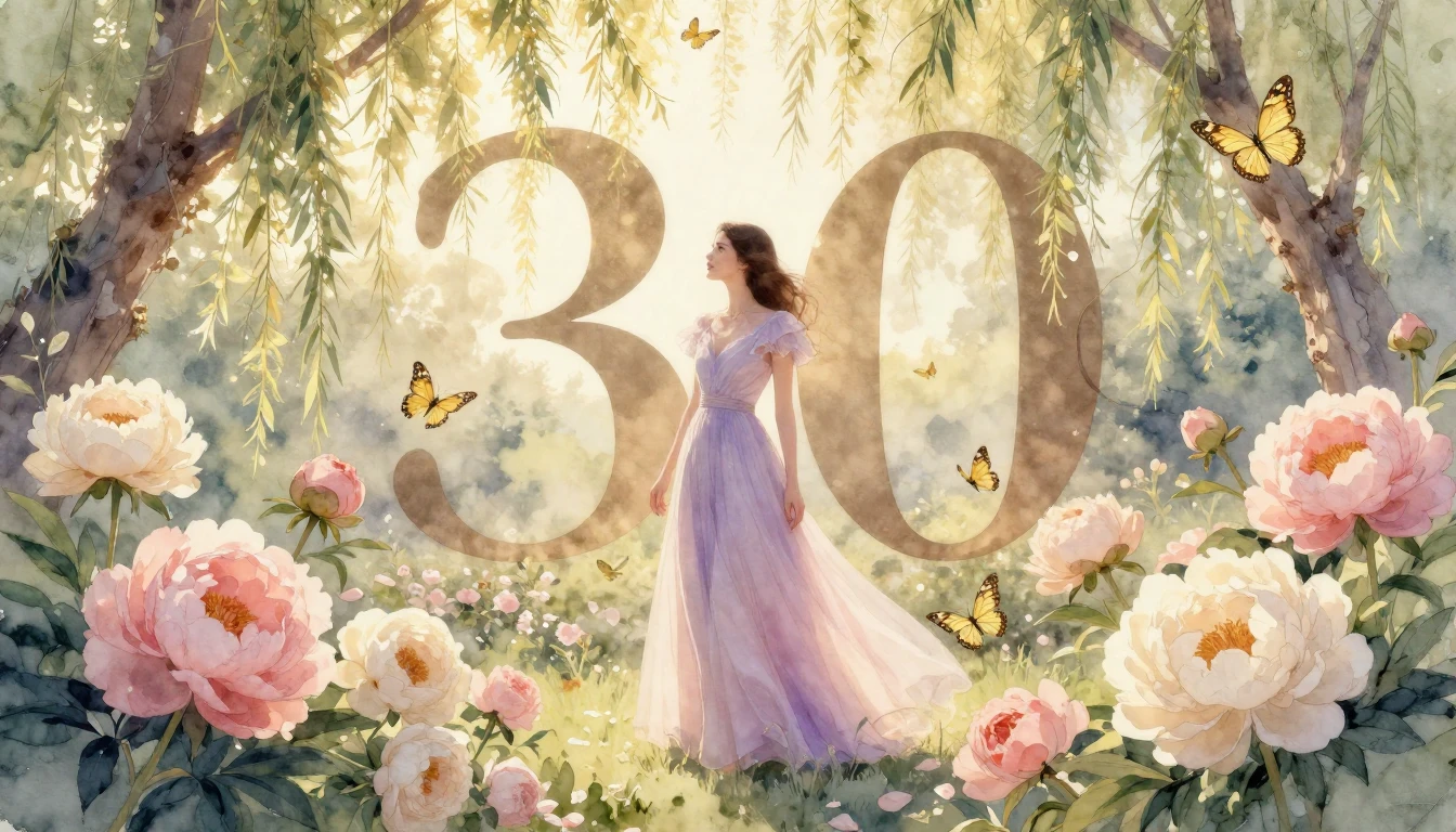 An elegant and ethereal scene celebrating a 30th birthday mi...