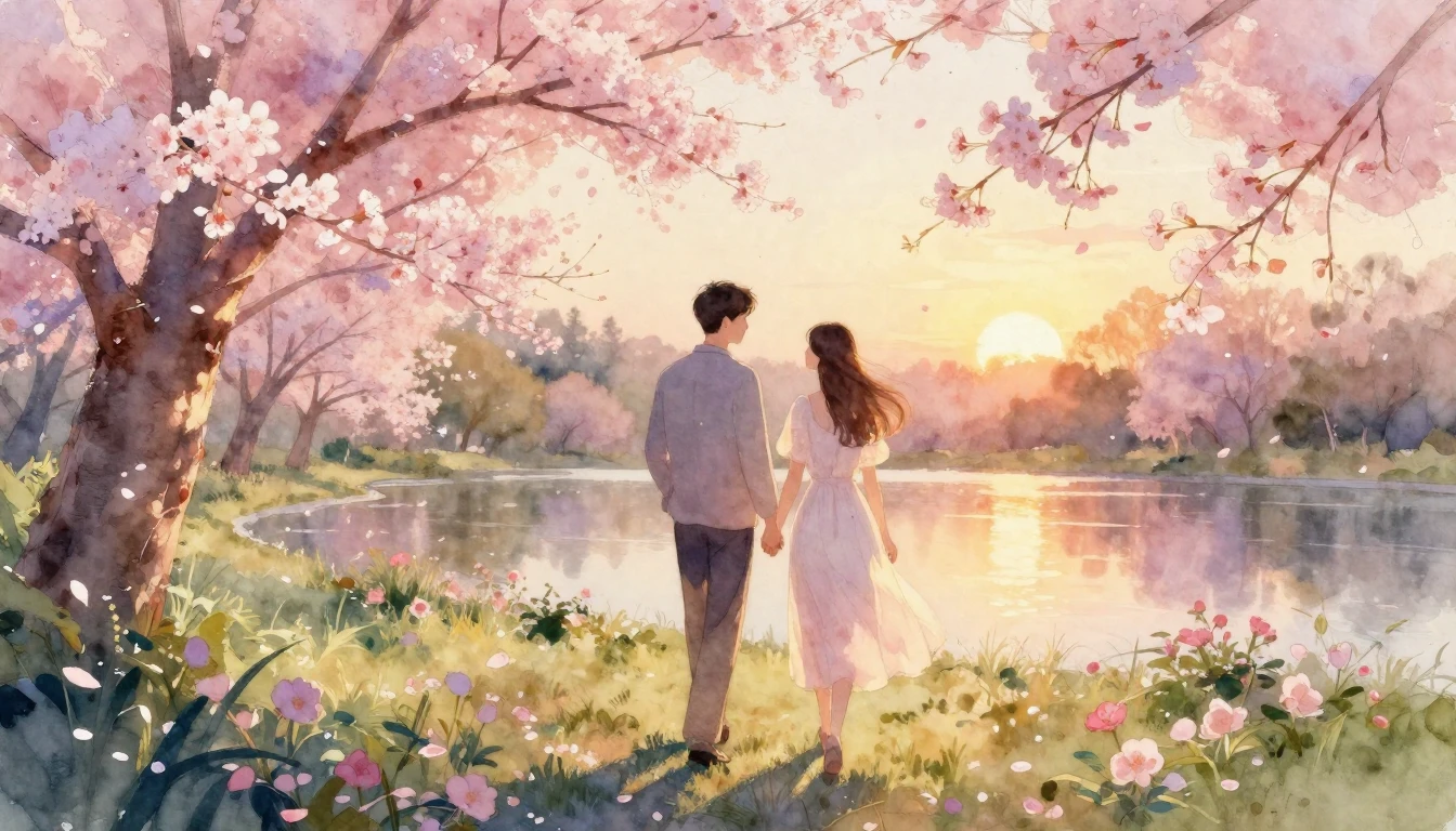 A romantic and ethereal watercolor painting depicting a coup...