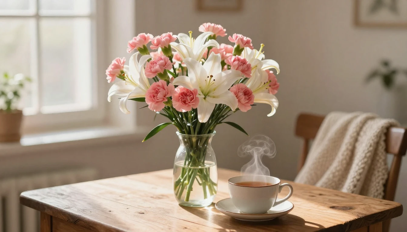 A heartwarming and cozy scene featuring a lush bouquet of pi...