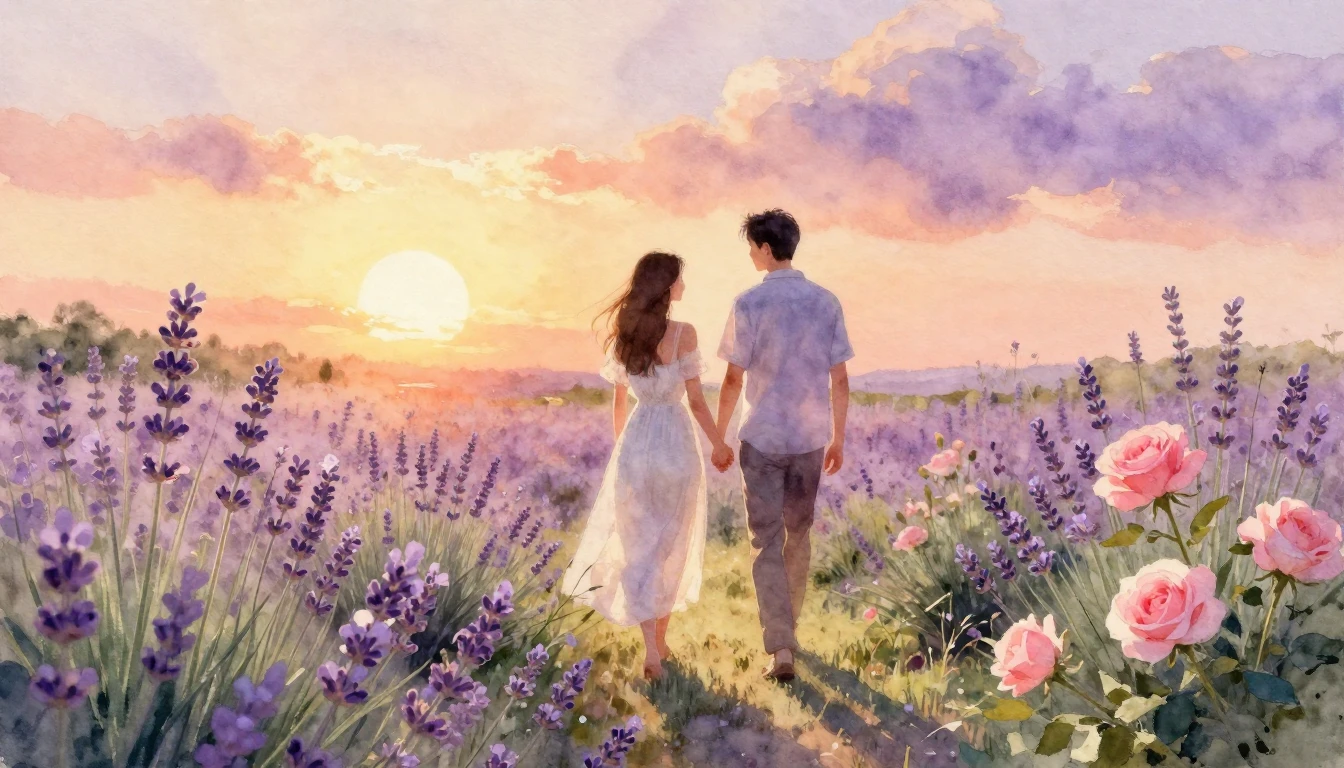 A breathtaking watercolor painting of a romantic couple walk...