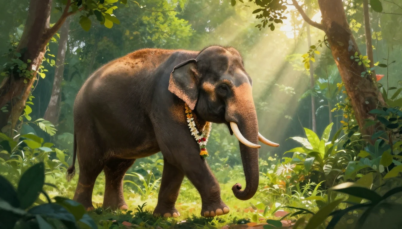 A majestic Thai elephant walking gracefully through a lush, ...