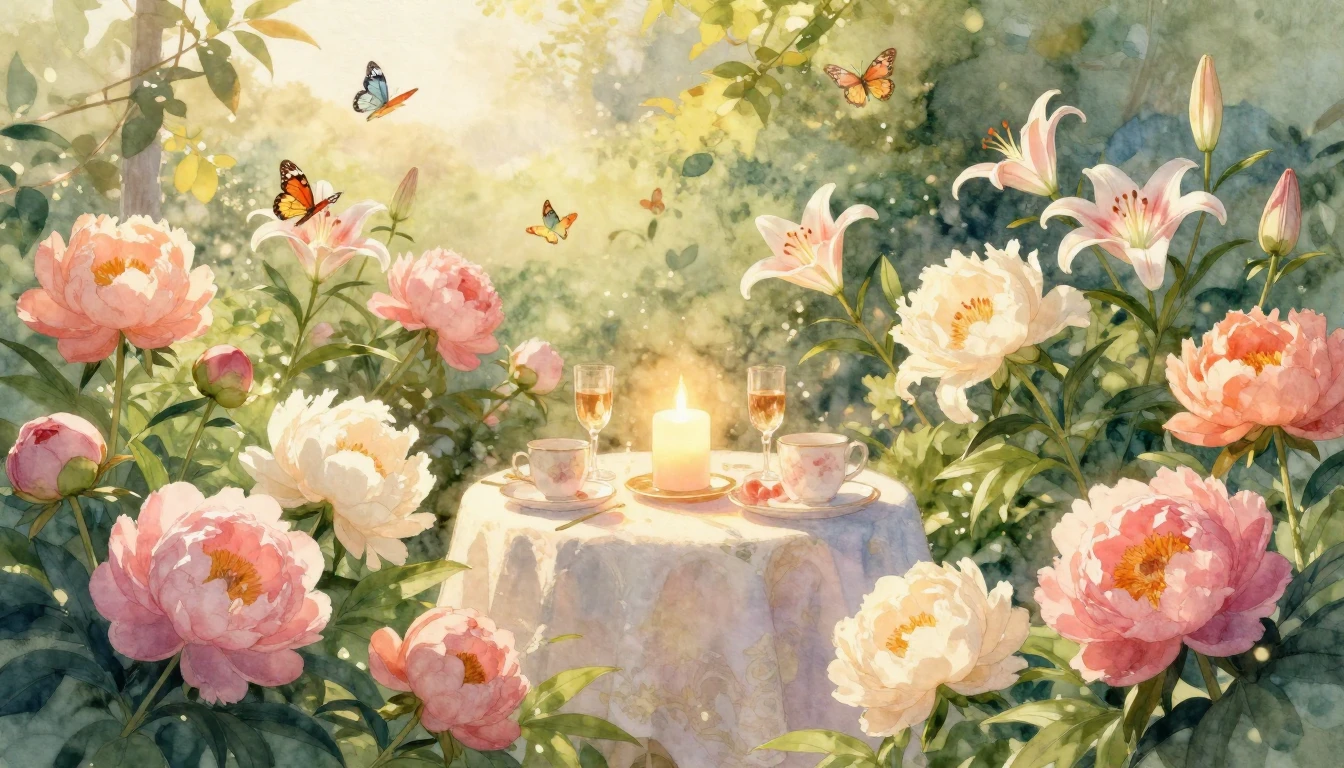 A serene and vibrant garden scene at golden hour, filled wit...