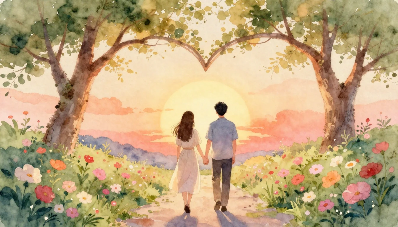 A soft and romantic watercolor painting depicting a couple h...