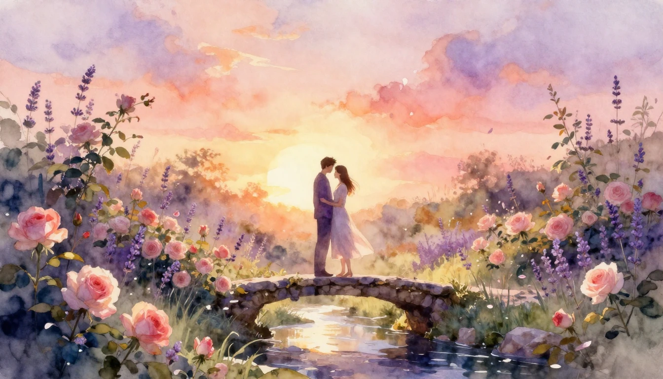A dreamlike watercolor painting capturing a romantic and int...