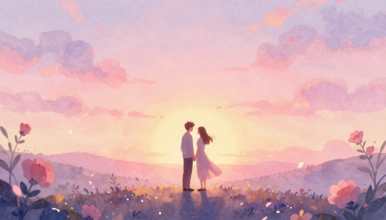 A soft and dreamy watercolor illustration depicting a romant...