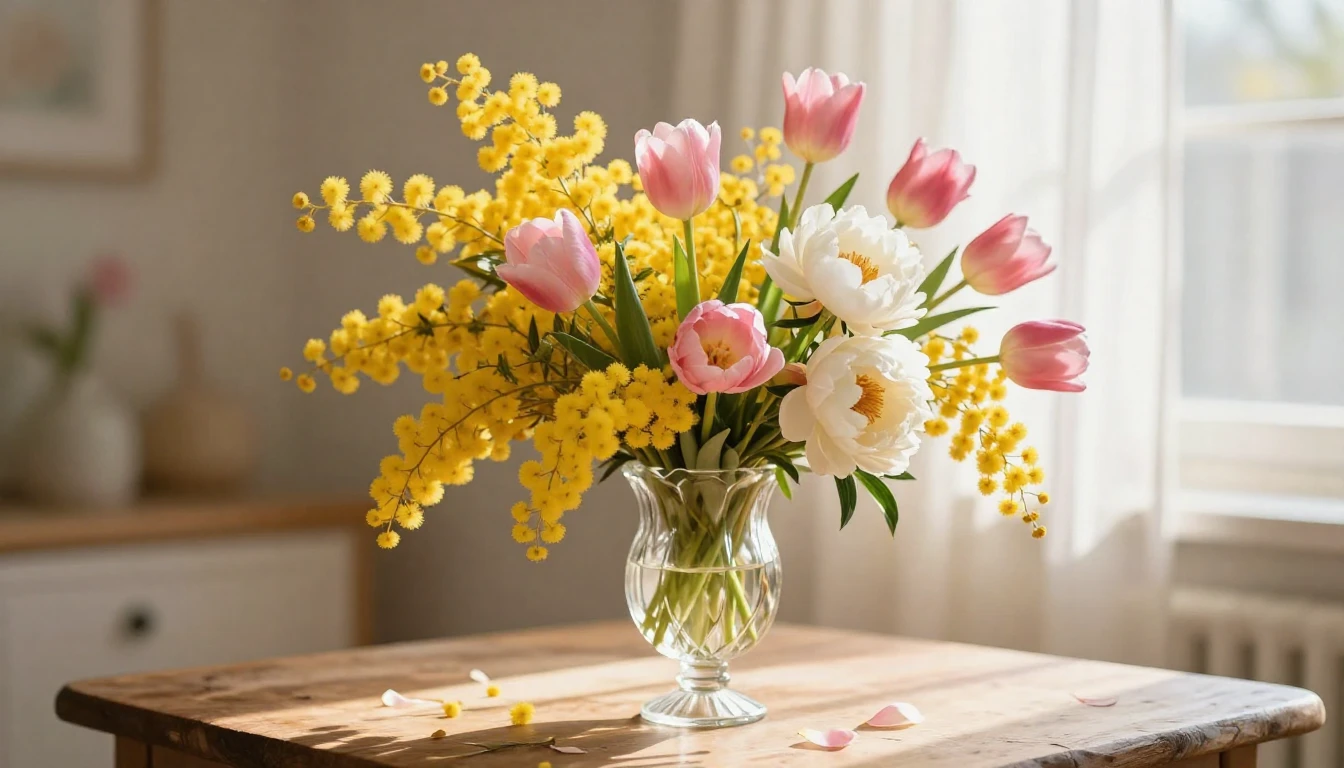 A lush and vibrant bouquet of spring flowers including brigh...