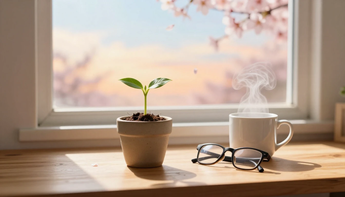 A warm and hopeful scene of a sunlit wooden desk near a wind...