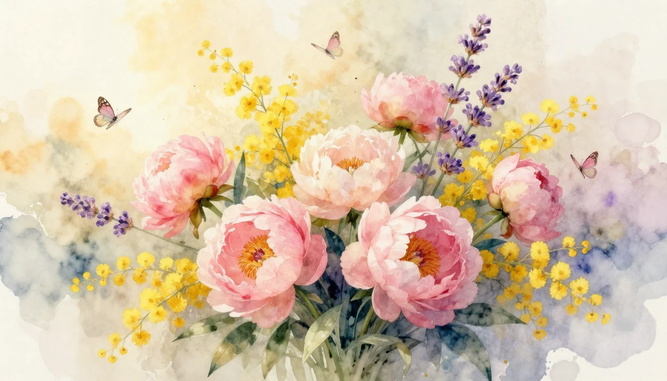 An ethereal and elegant watercolor painting of a lush bouque...