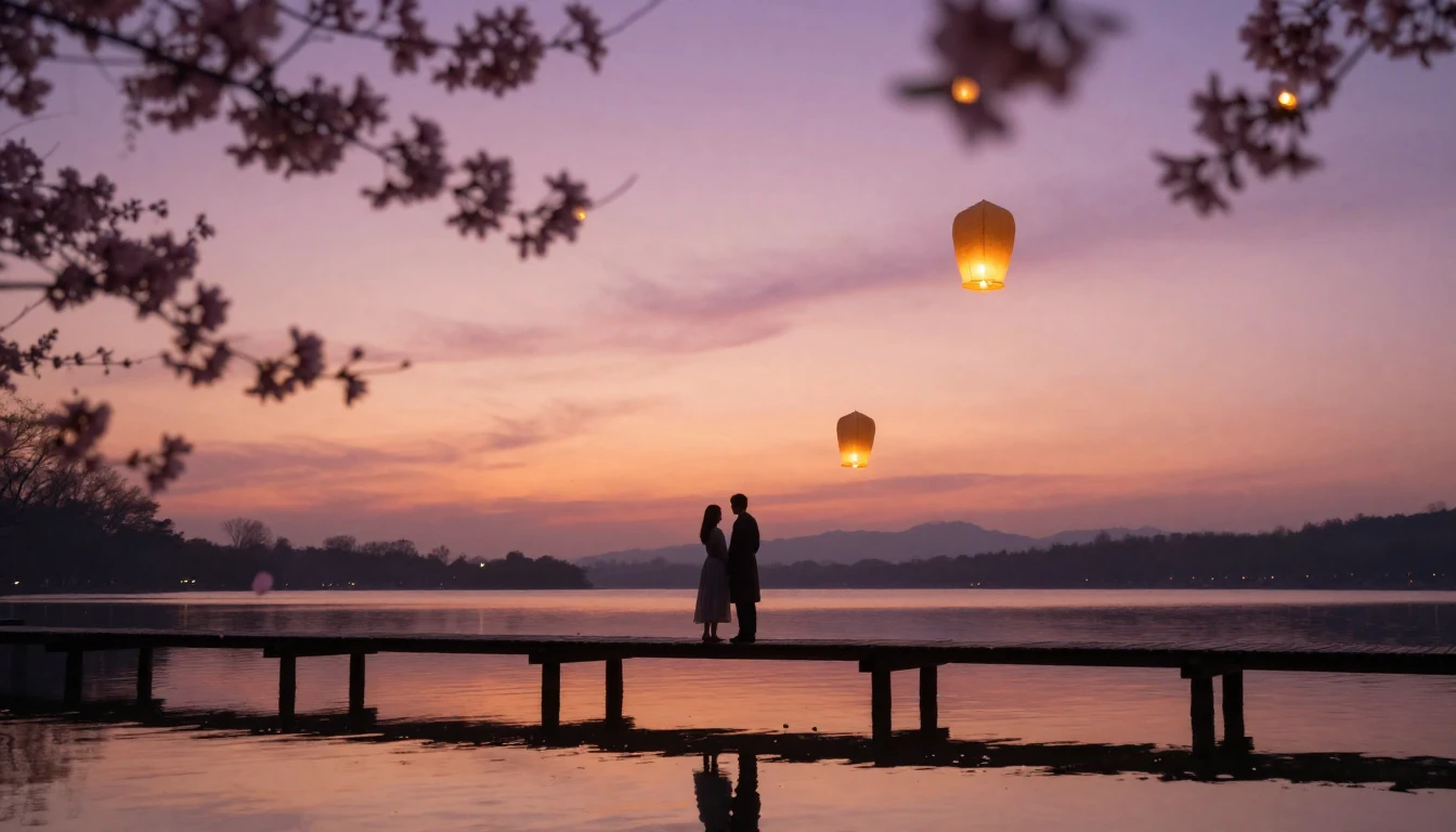 A romantic and ethereal scene featuring two soft silhouettes...