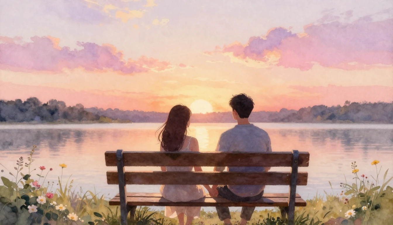 A romantic watercolor painting depicting a couple sitting si...