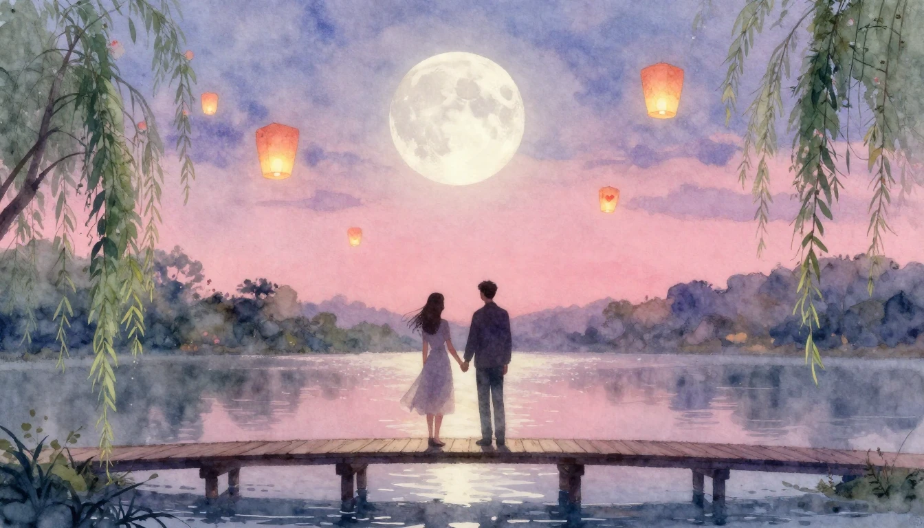A romantic and ethereal watercolor painting depicting two si...