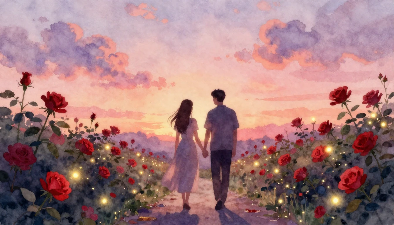 A romantic watercolor painting featuring two silhouettes of ...