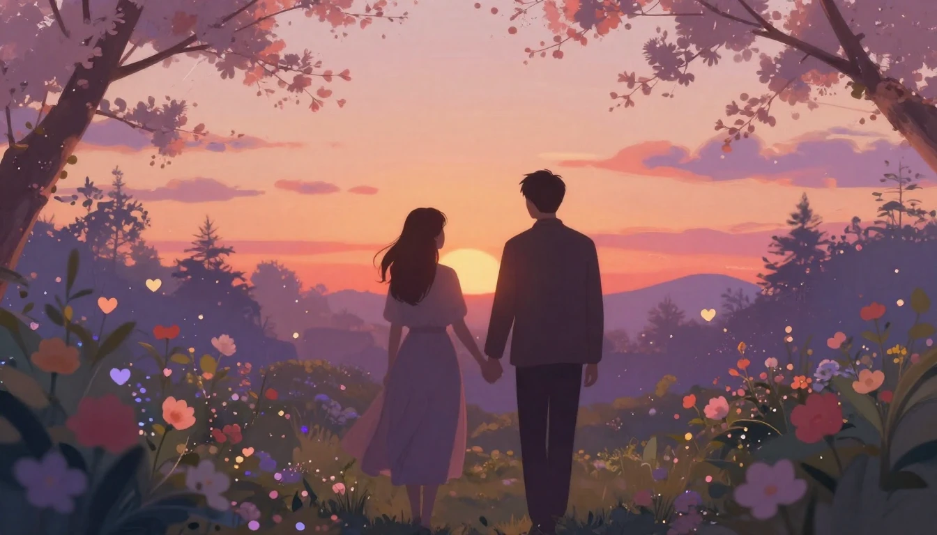 A romantic and serene scene of two people silhouettes walkin...