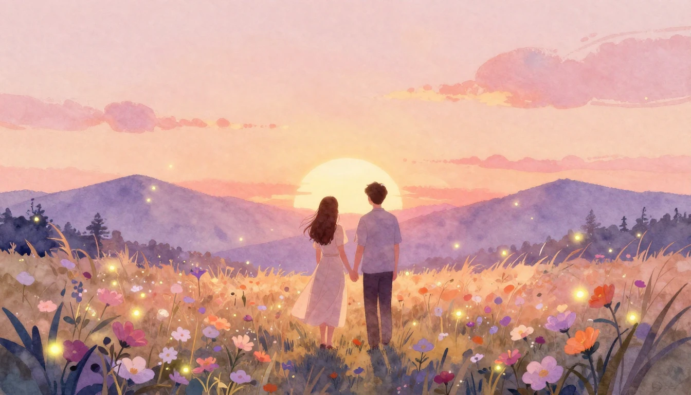 A romantic watercolor illustration of a couple standing on a...