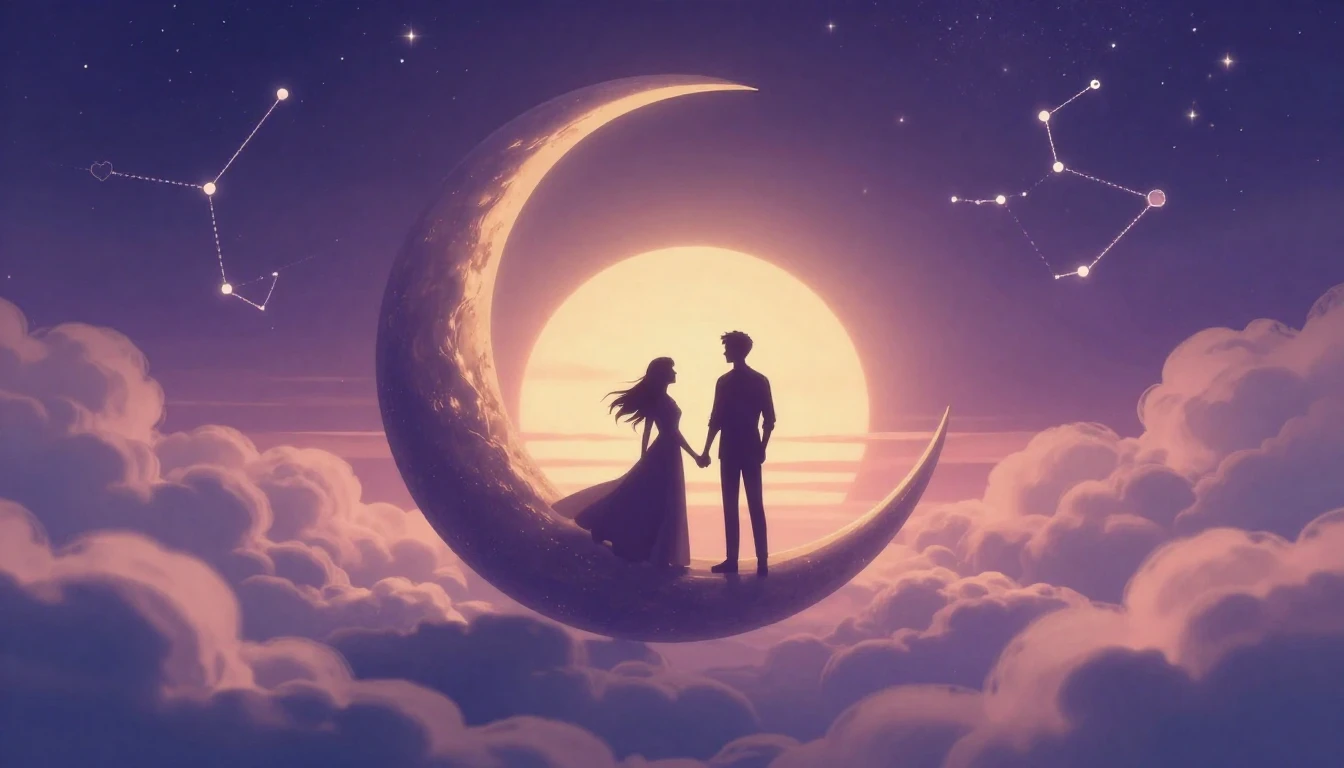 A romantic and dreamy illustration depicting two silhouettes...
