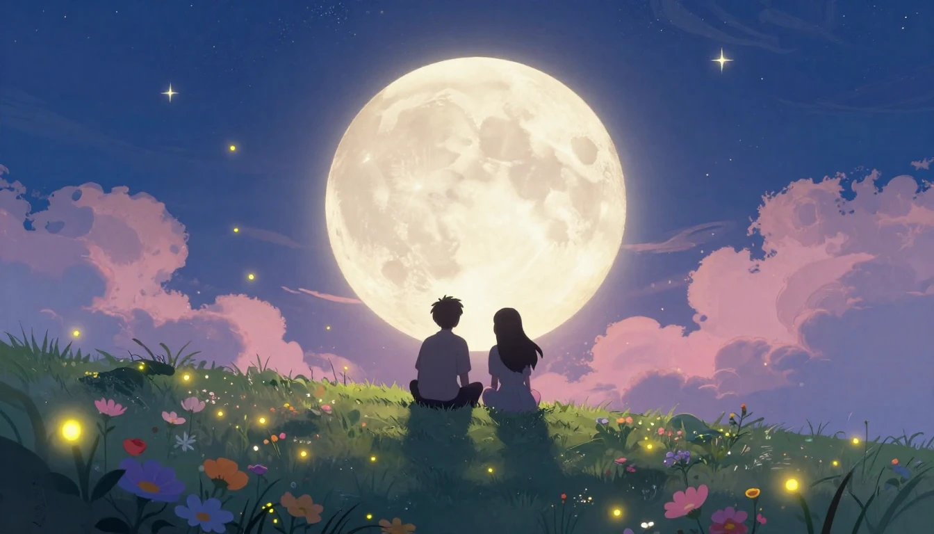 A whimsical and romantic landscape scene featuring two silho...