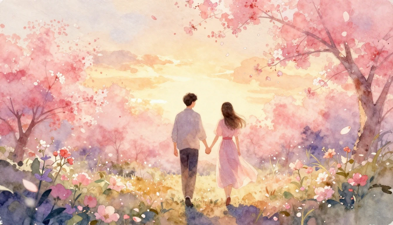 A romantic and ethereal watercolor painting depicting two fi...