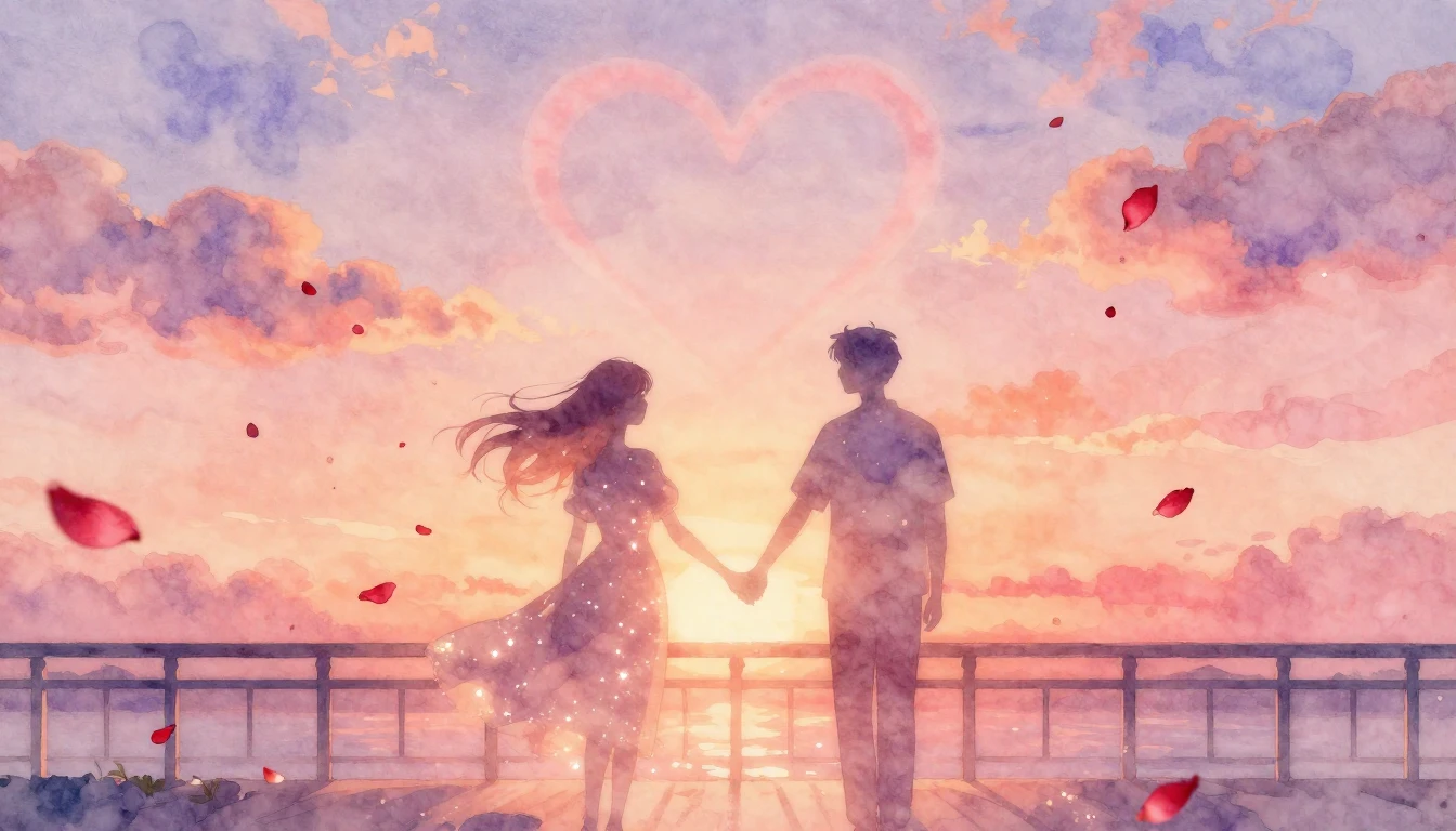 A soft and romantic watercolor painting depicting two abstra...