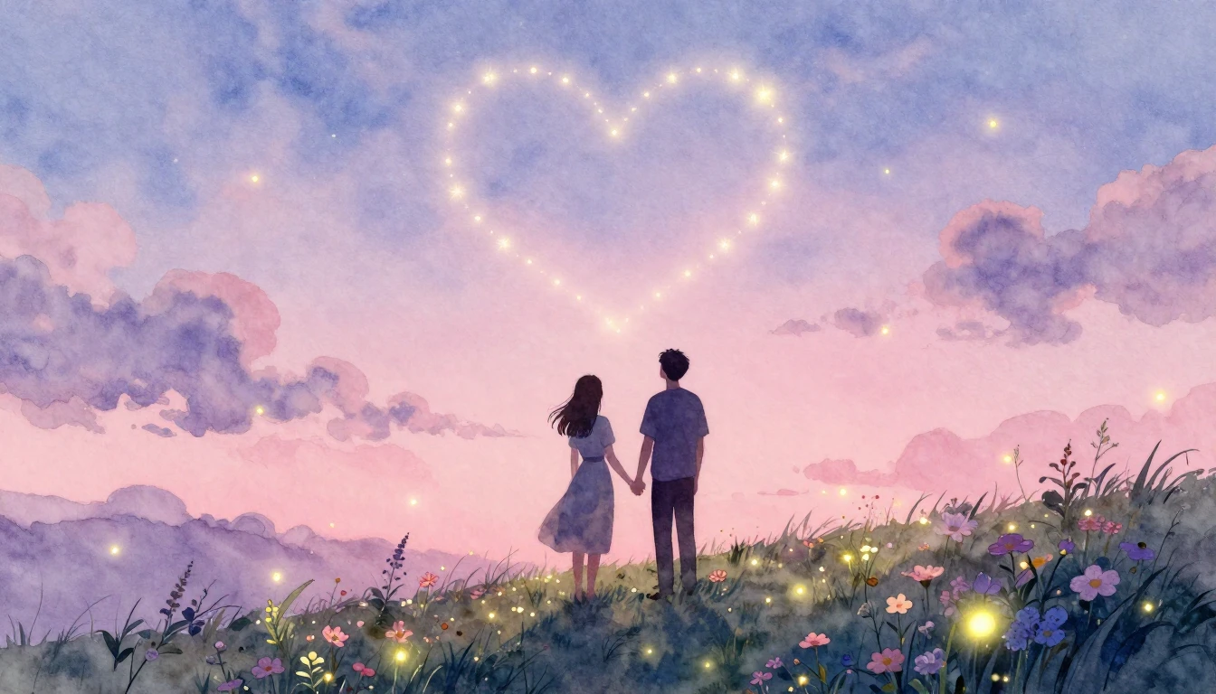 A soft and romantic watercolor scene depicting two silhouett...