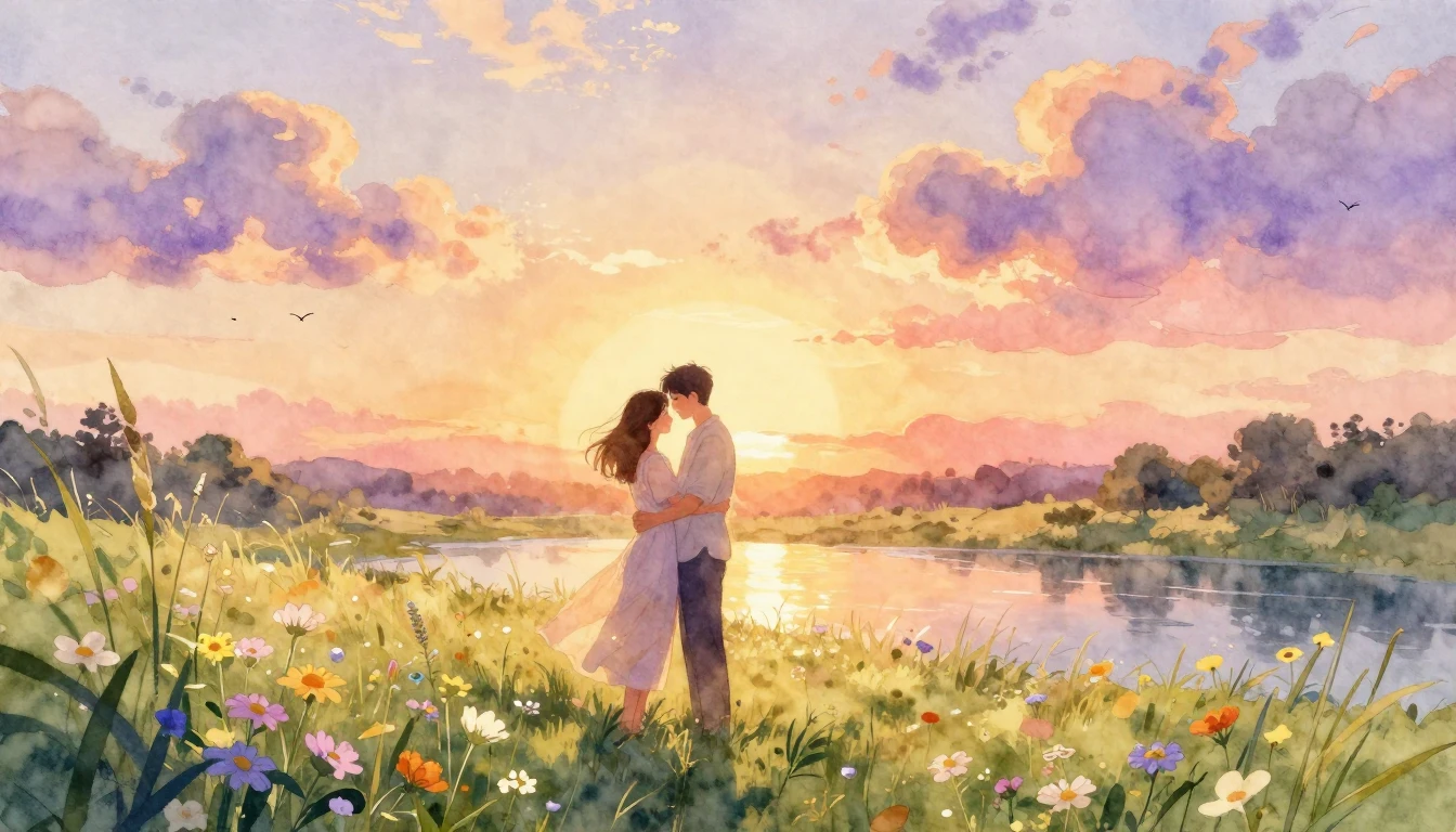 A breathtaking watercolor illustration capturing a romantic ...