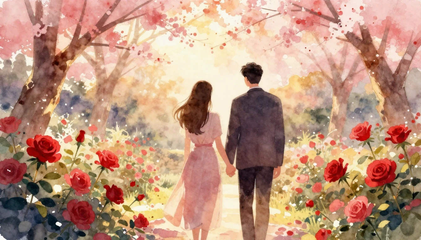 A romantic watercolor illustration of a couple walking hand-...