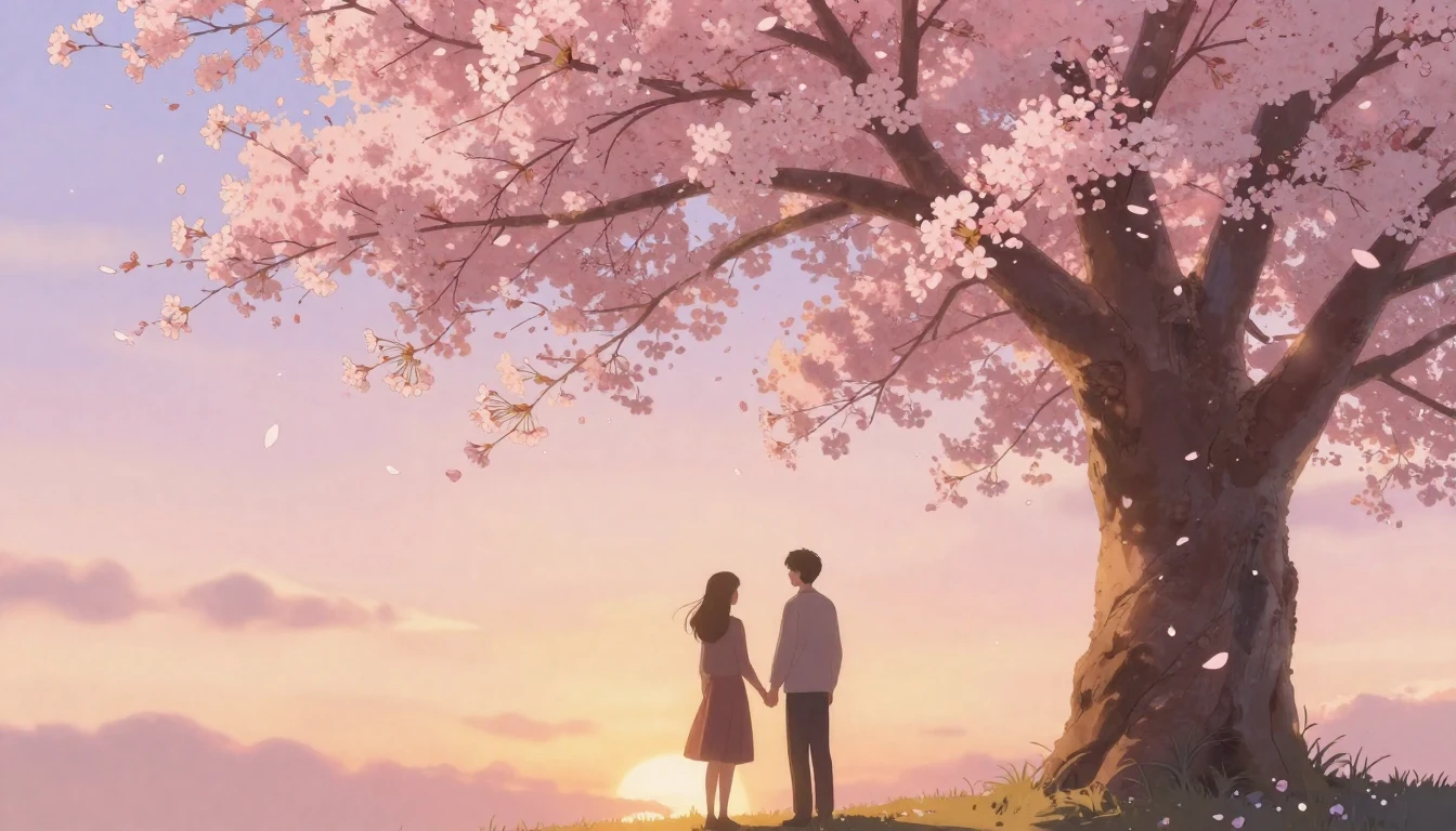 A romantic and ethereal scene featuring two silhouettes of a...