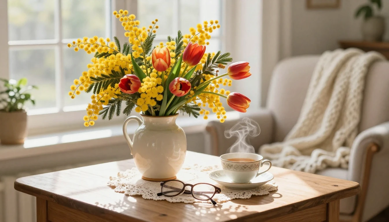 A cozy, sun-drenched wooden table near a bright window. On t...