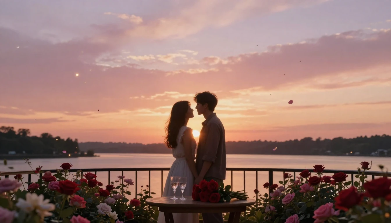 A breathtakingly romantic scene at golden hour. Two silhouet...