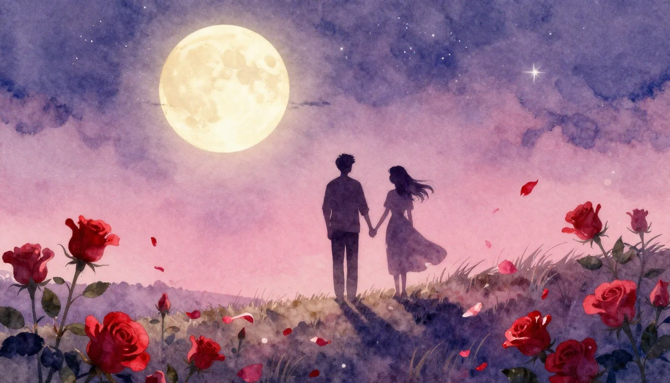 A soft and dreamy watercolor painting depicting a romantic e...