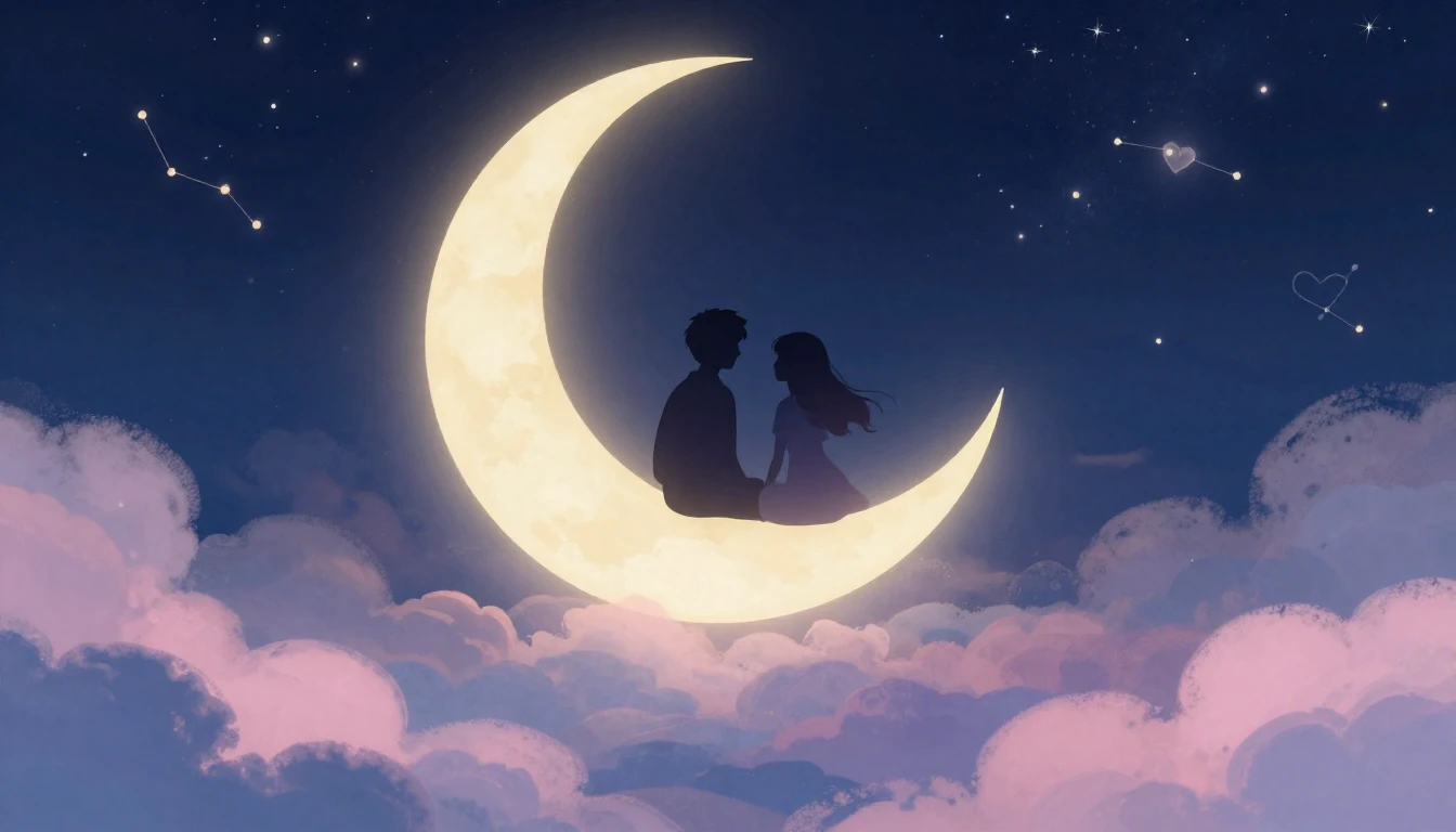 A romantic and whimsical illustration featuring two stylized...