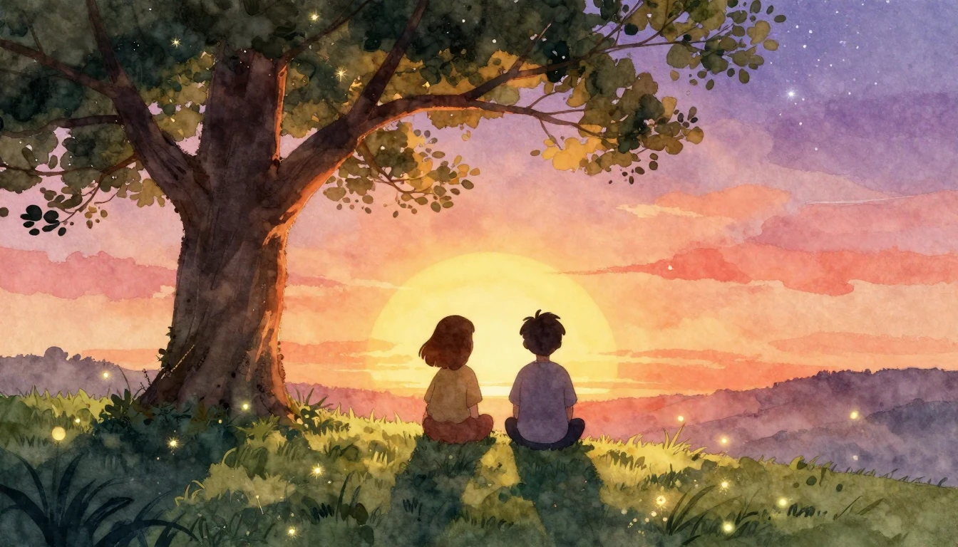 A heartwarming watercolor painting depicting two stylized si...