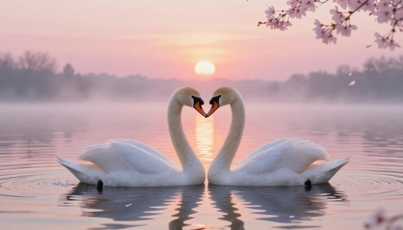 A soft and romantic scene featuring two elegant white swans ...