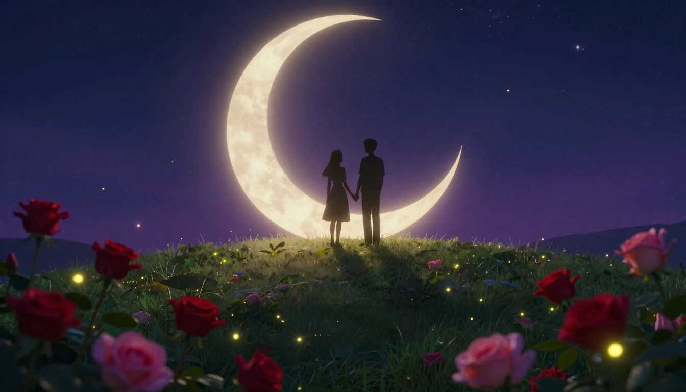 A romantic and dreamy scene depicting two silhouettes standi...