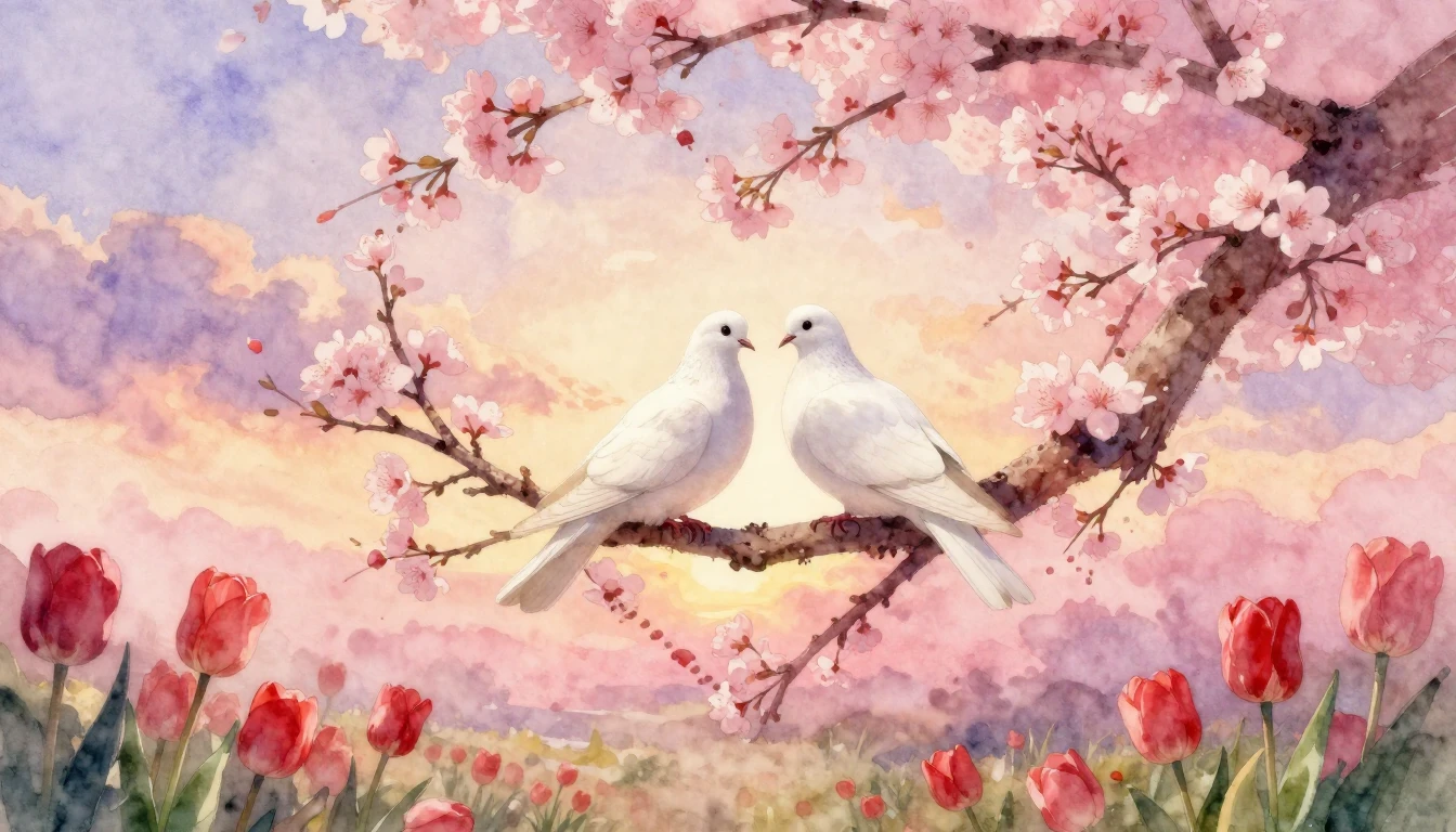 A soft and dreamy watercolor painting depicting two white do...
