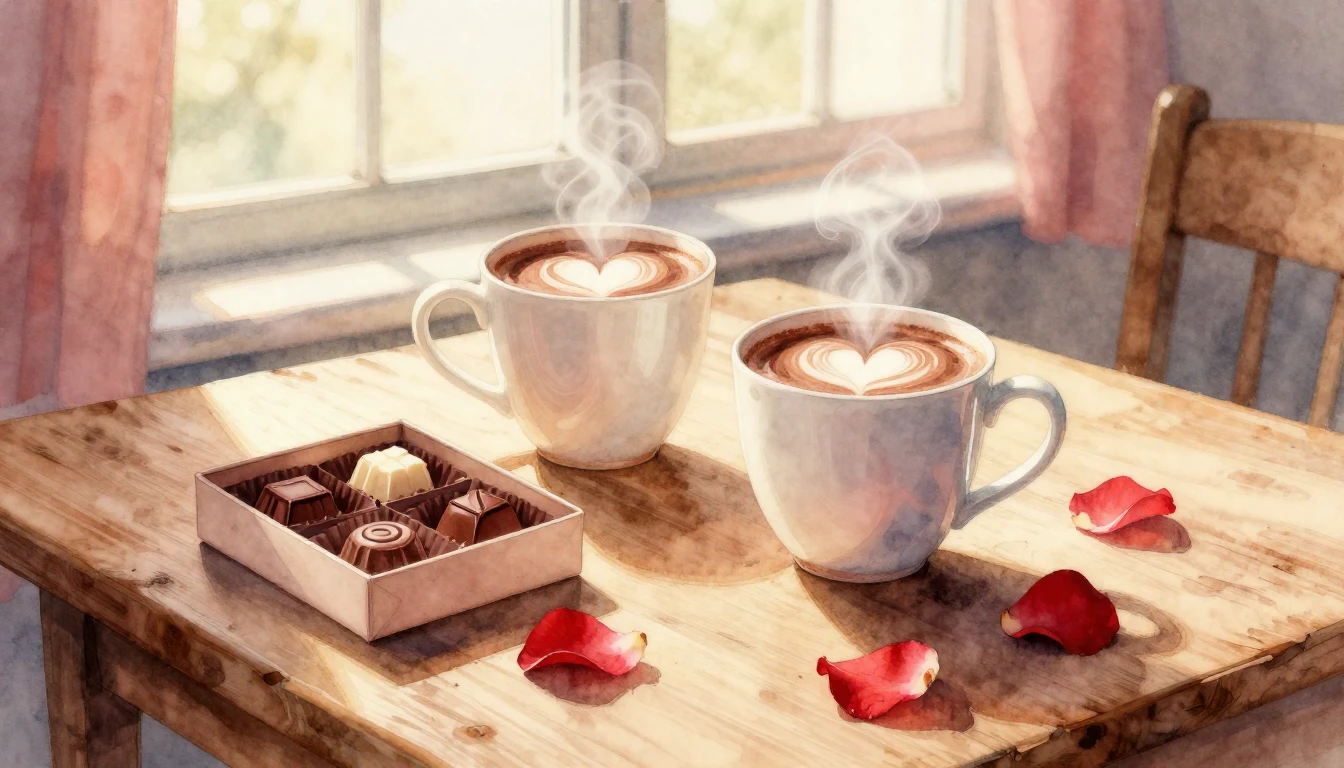 A beautiful and cozy watercolor painting of a romantic Valen...