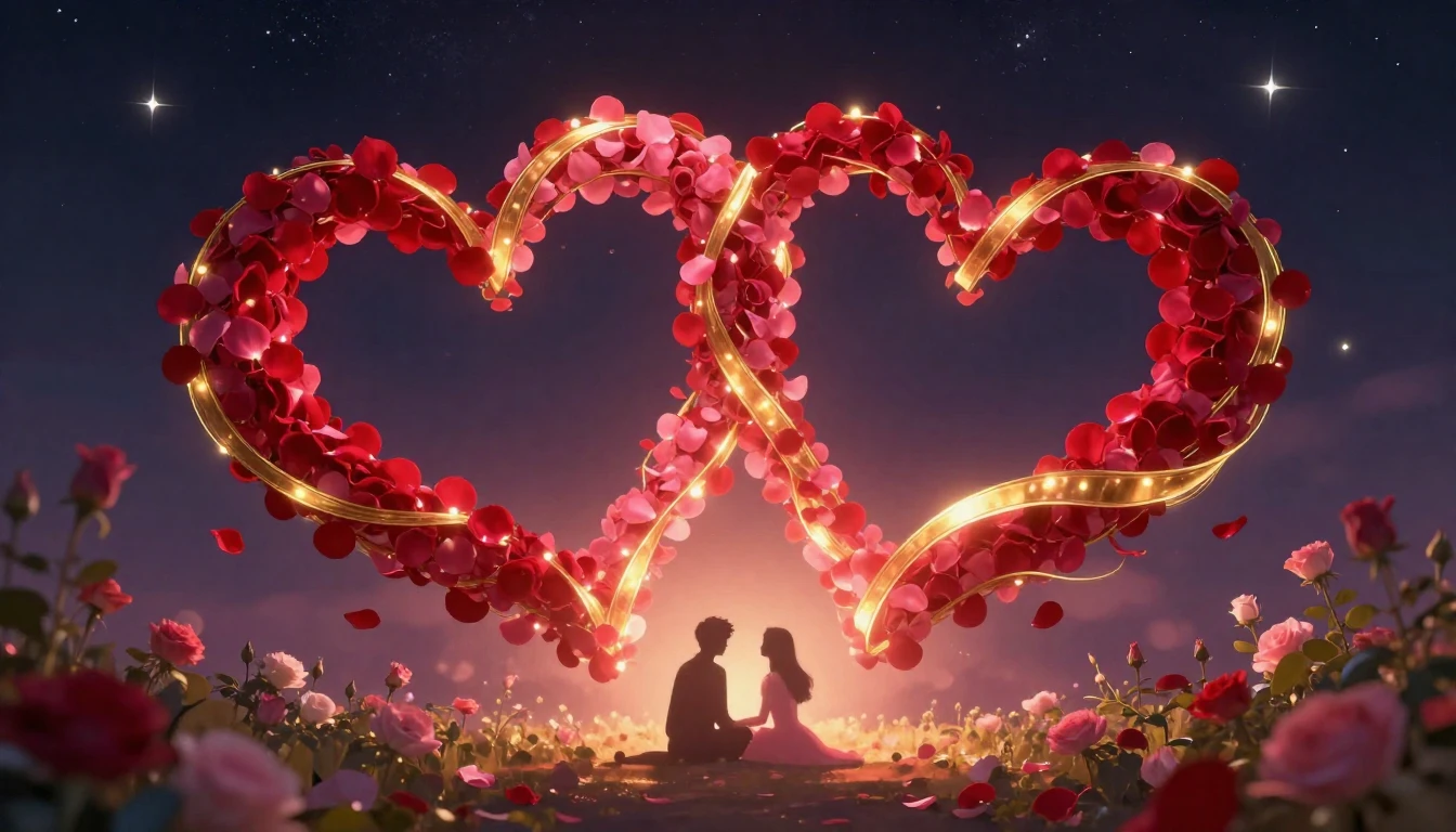 A romantic and dreamy scene featuring two large, intertwined...