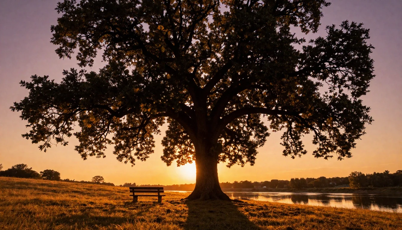 A majestic and ancient oak tree standing tall on a golden hi...