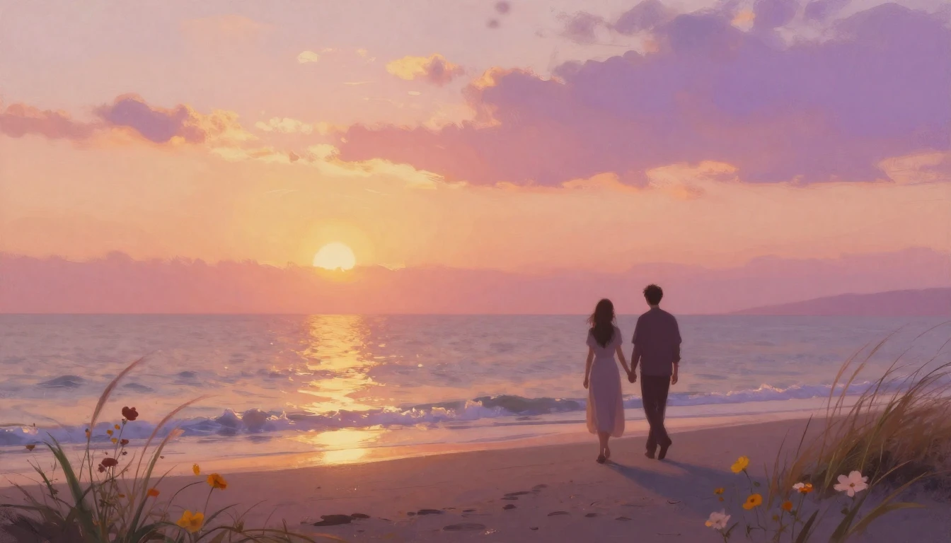 A romantic and dreamlike scene featuring two silhouetted fig...