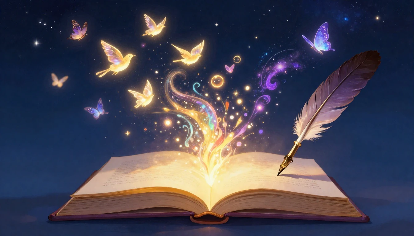 A magical open book floating in a deep blue starry night sky...
