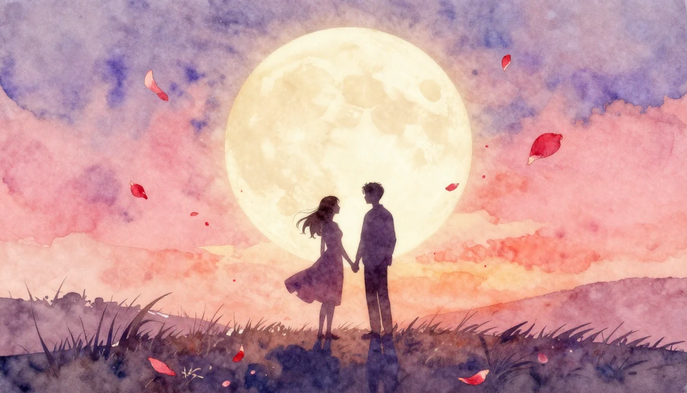 A soft and dreamy watercolor painting depicting a romantic s...