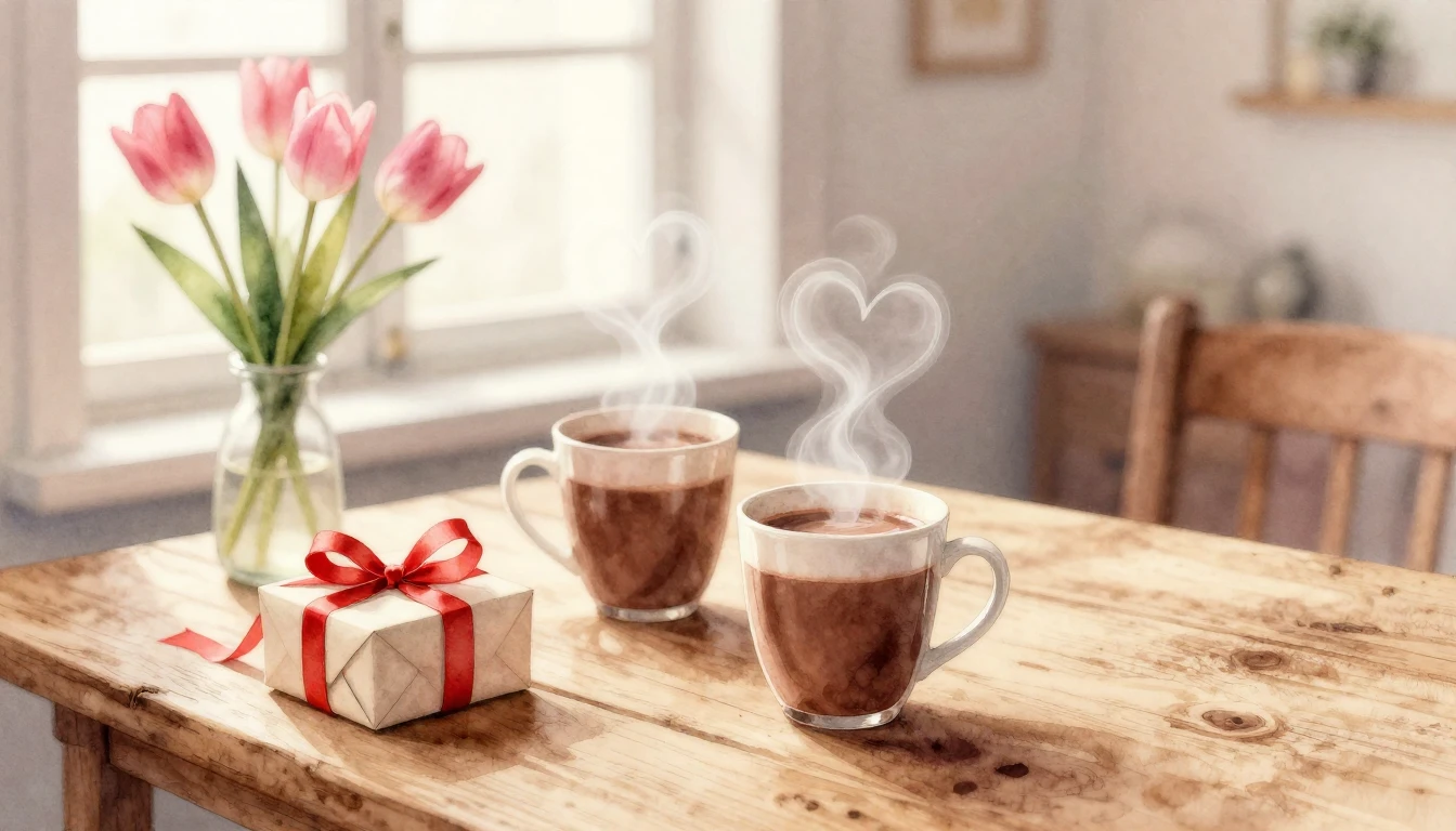 A soft and dreamy watercolor painting depicting a cozy Valen...